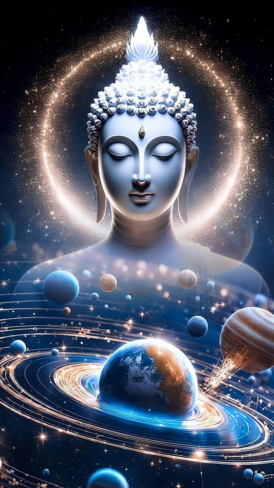 Buddha amidst swirling planets and stars.