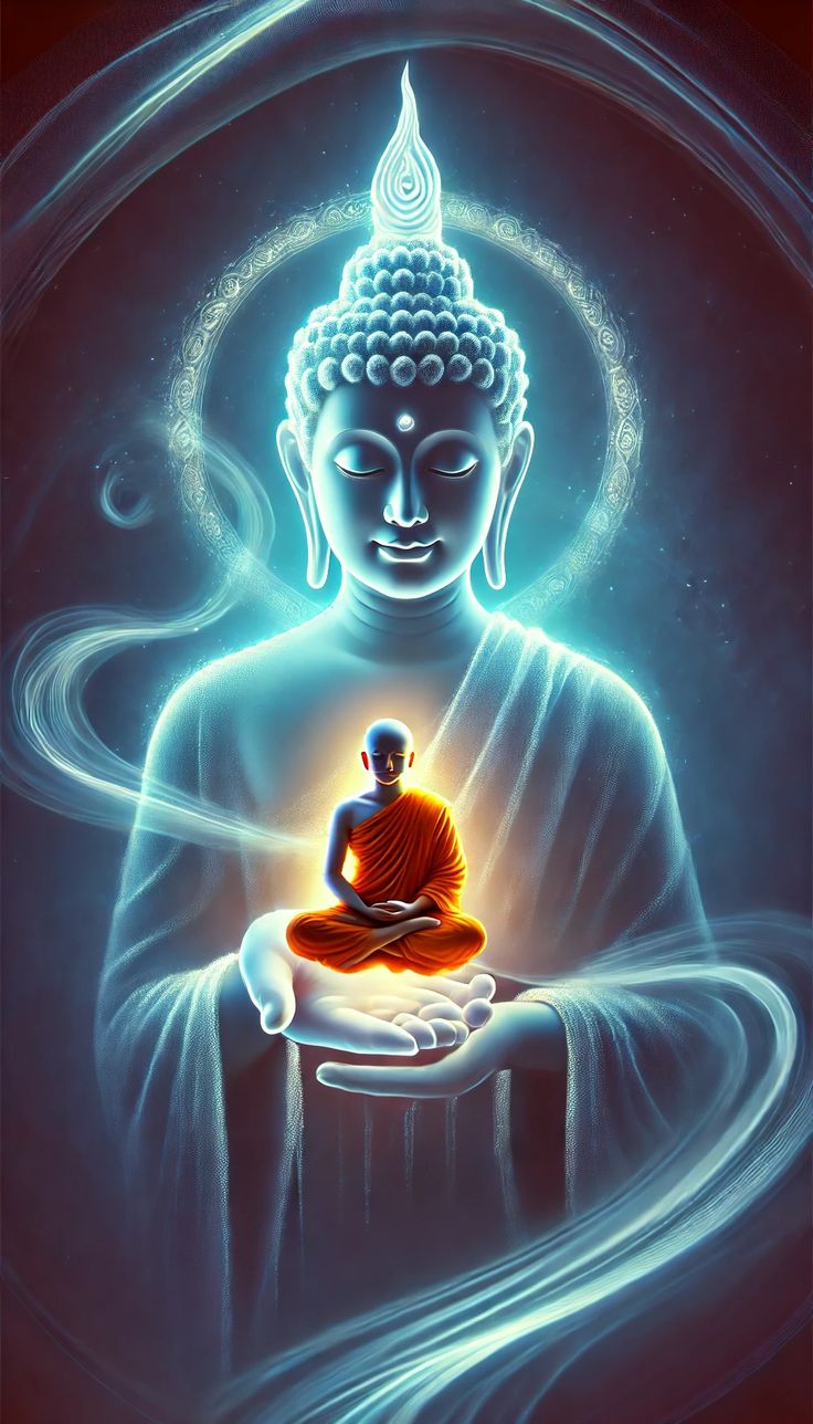 Buddha meditating in cosmic universe.