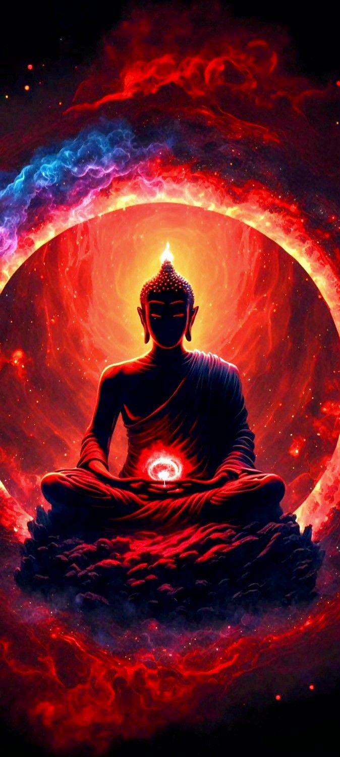 Buddha meditating in cosmic energy field