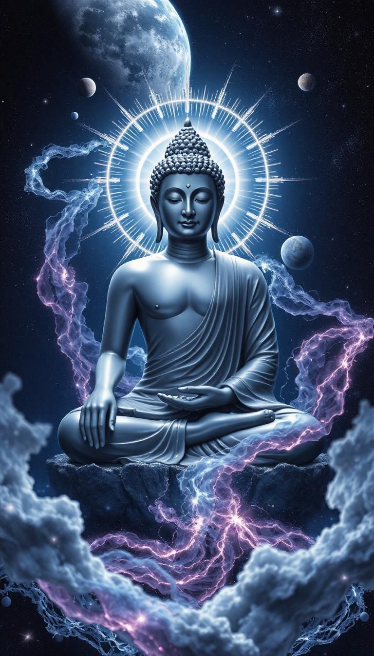 Buddha meditating amidst cosmic wonders
