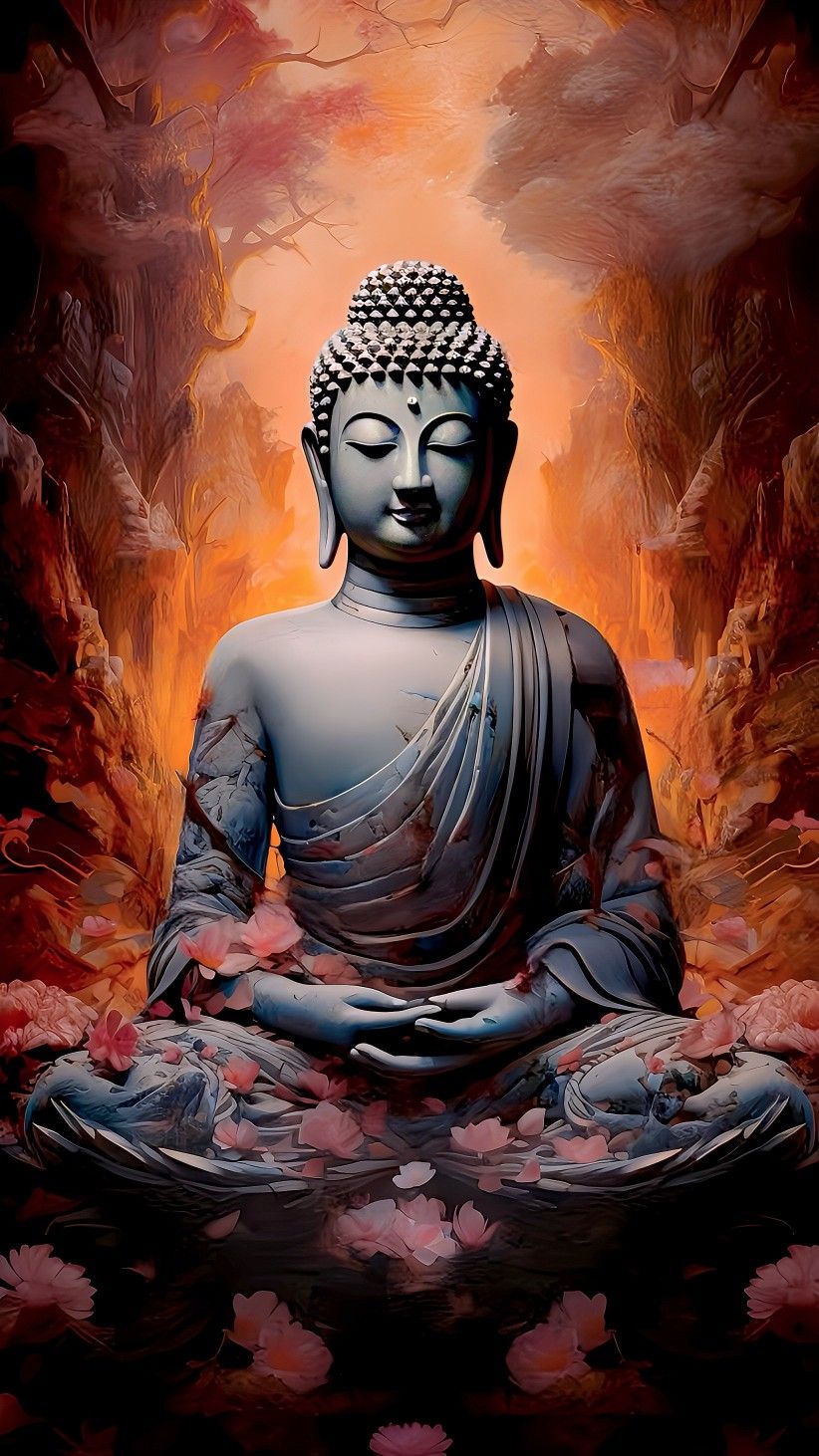 Buddha meditating amidst crimson blossoms.