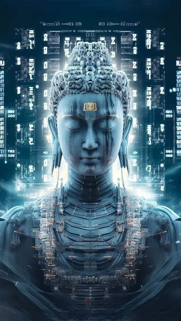 Buddha amidst flowing digital script