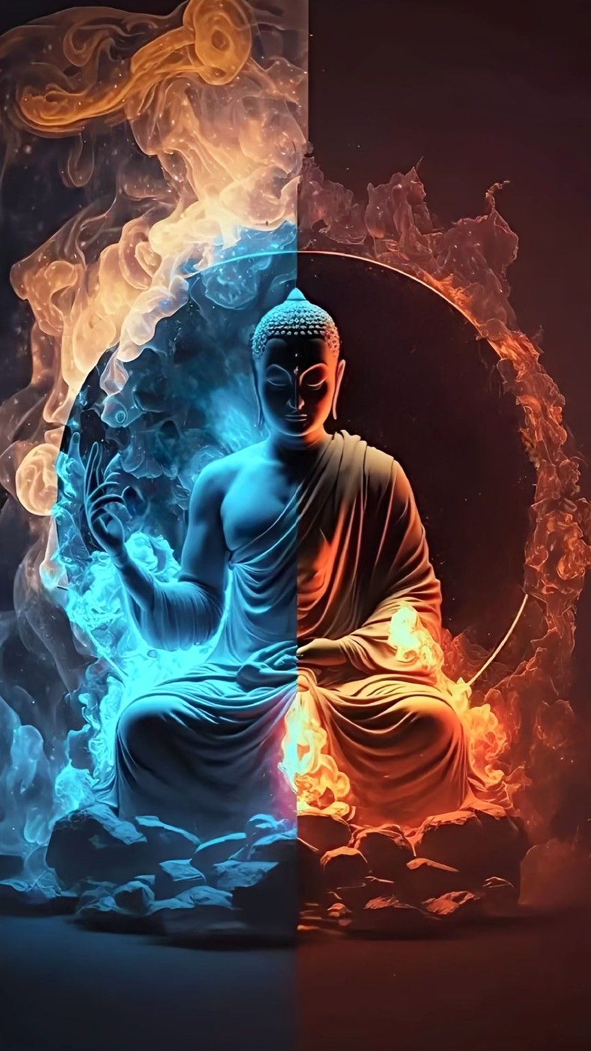 Buddha meditating amidst dual flames.