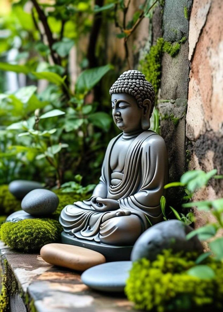 Buddha meditating in tranquil garden setting