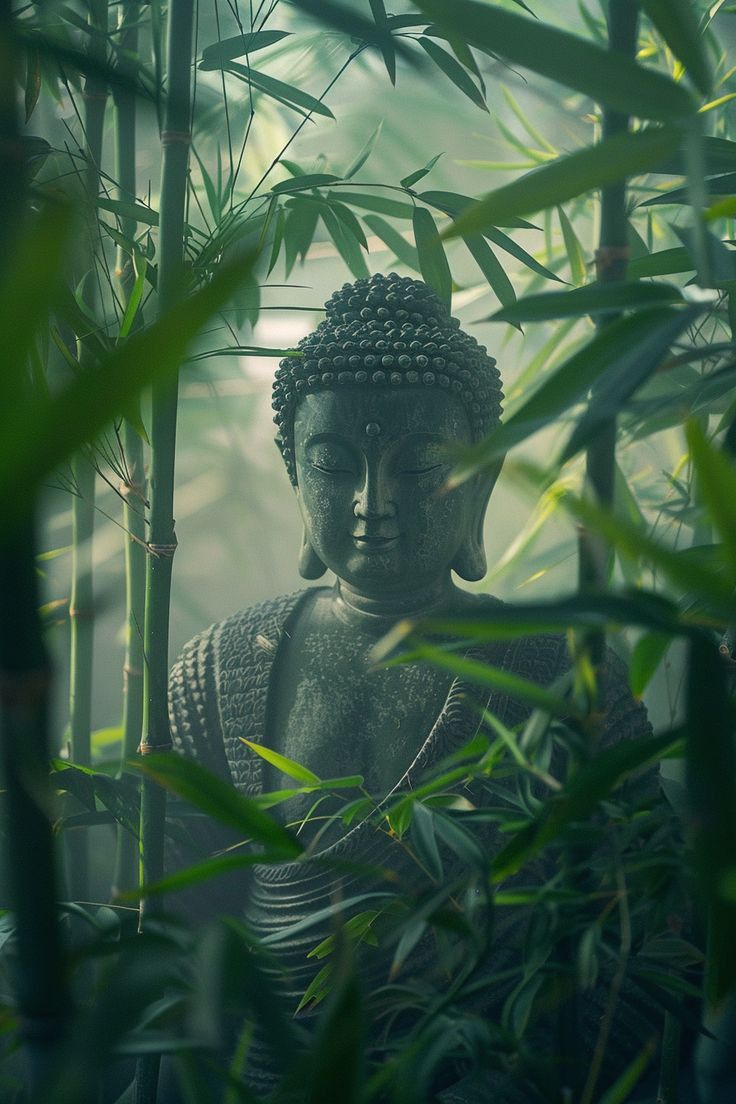 Buddha meditating in bamboo forest