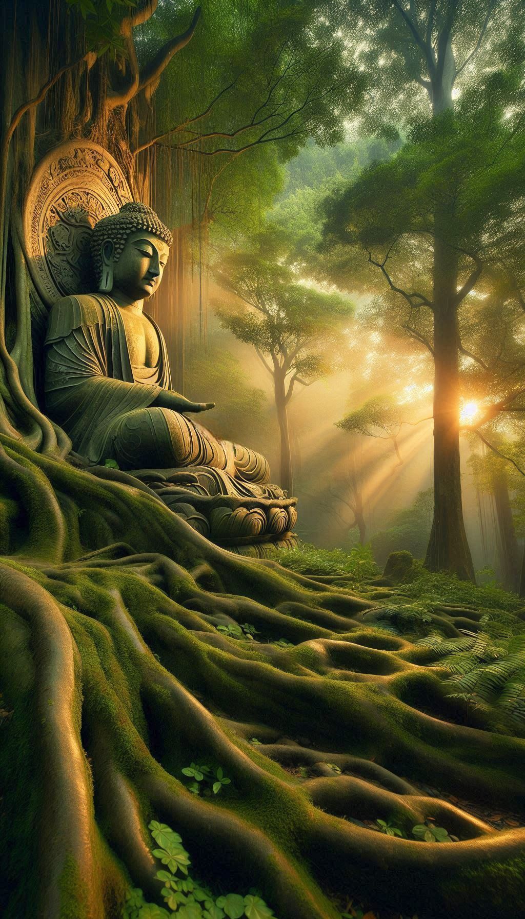 Buddha meditating in a lush forest
