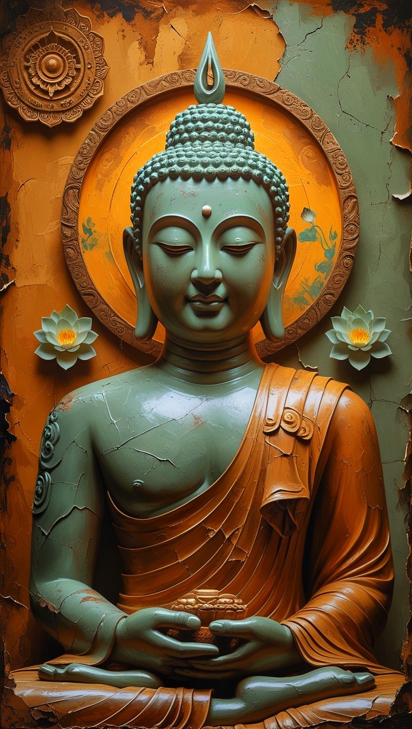 Peaceful Buddha portrait with lotus flowers