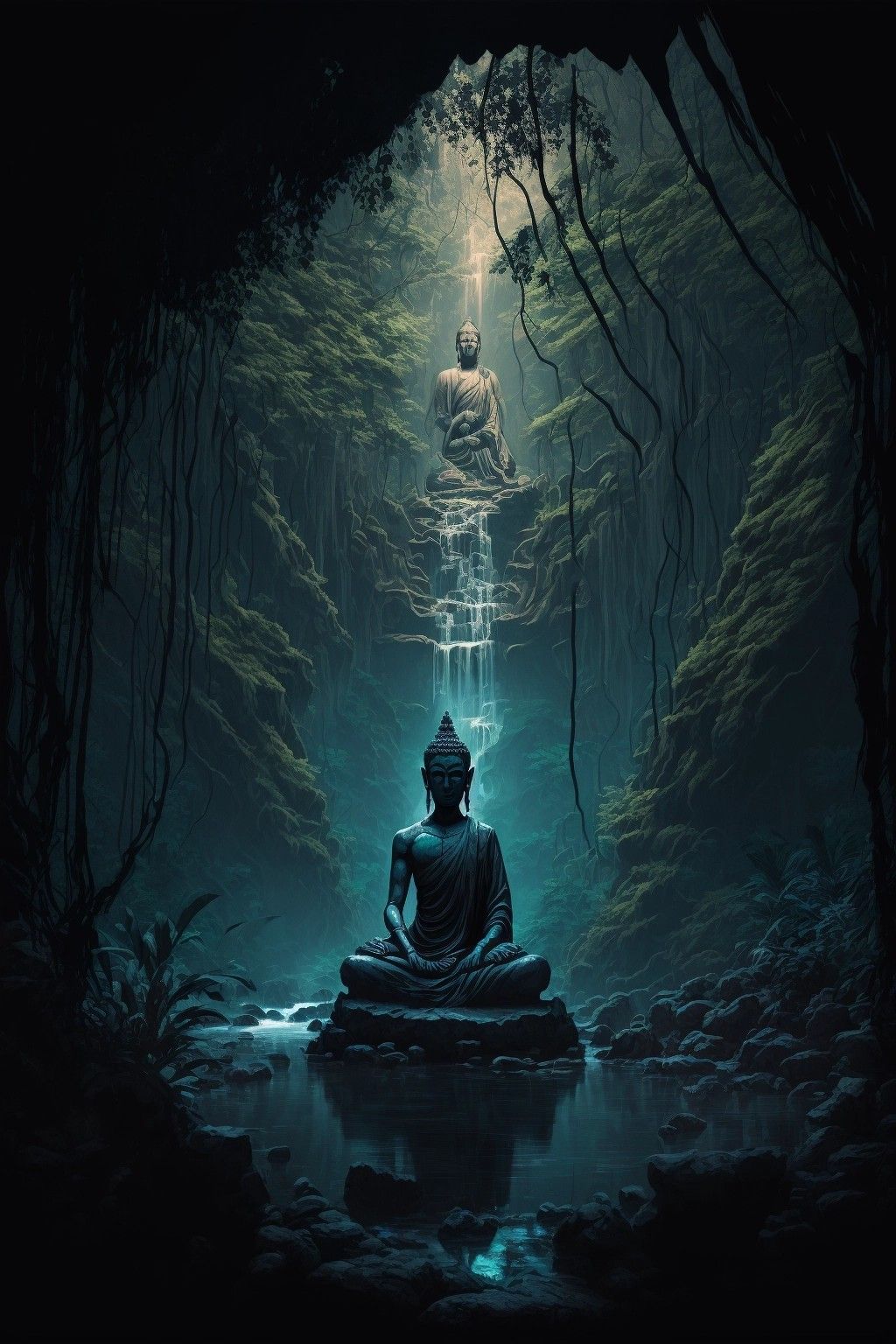 Buddha meditating in a tranquil forest.