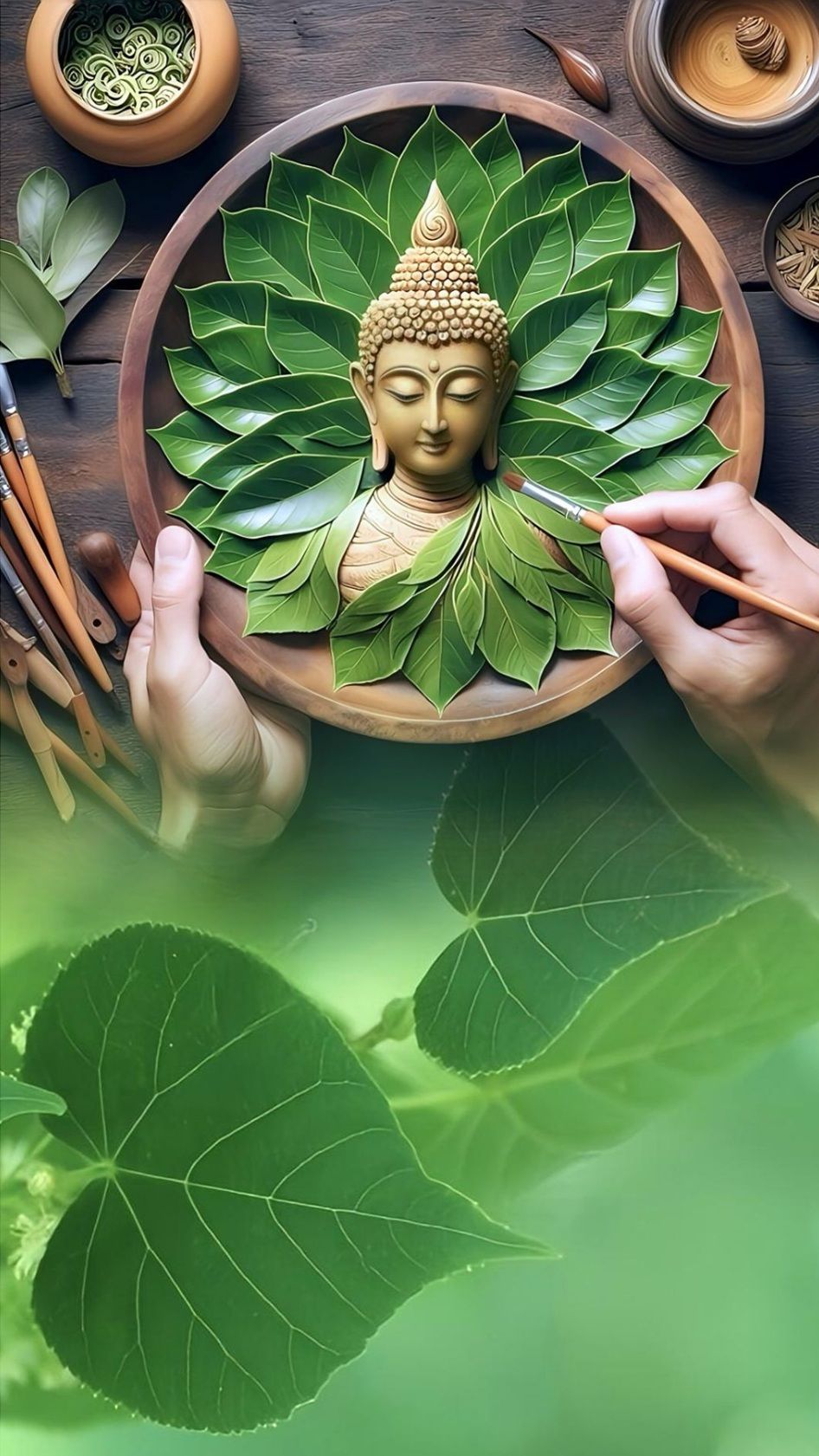 Buddha head adorned with green leaves