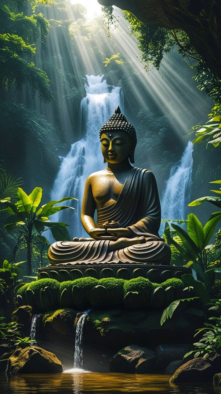 Buddha meditating by a waterfall