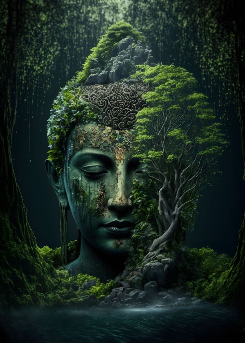 Buddha\'s face entwined with forest roots.