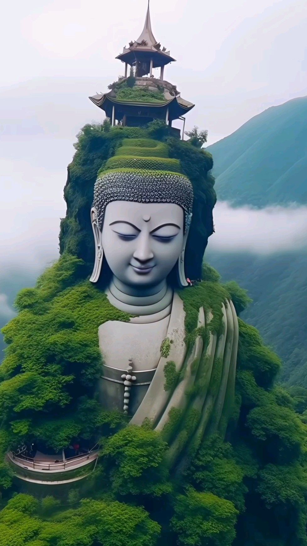 Buddha statue merging with mountain landscape