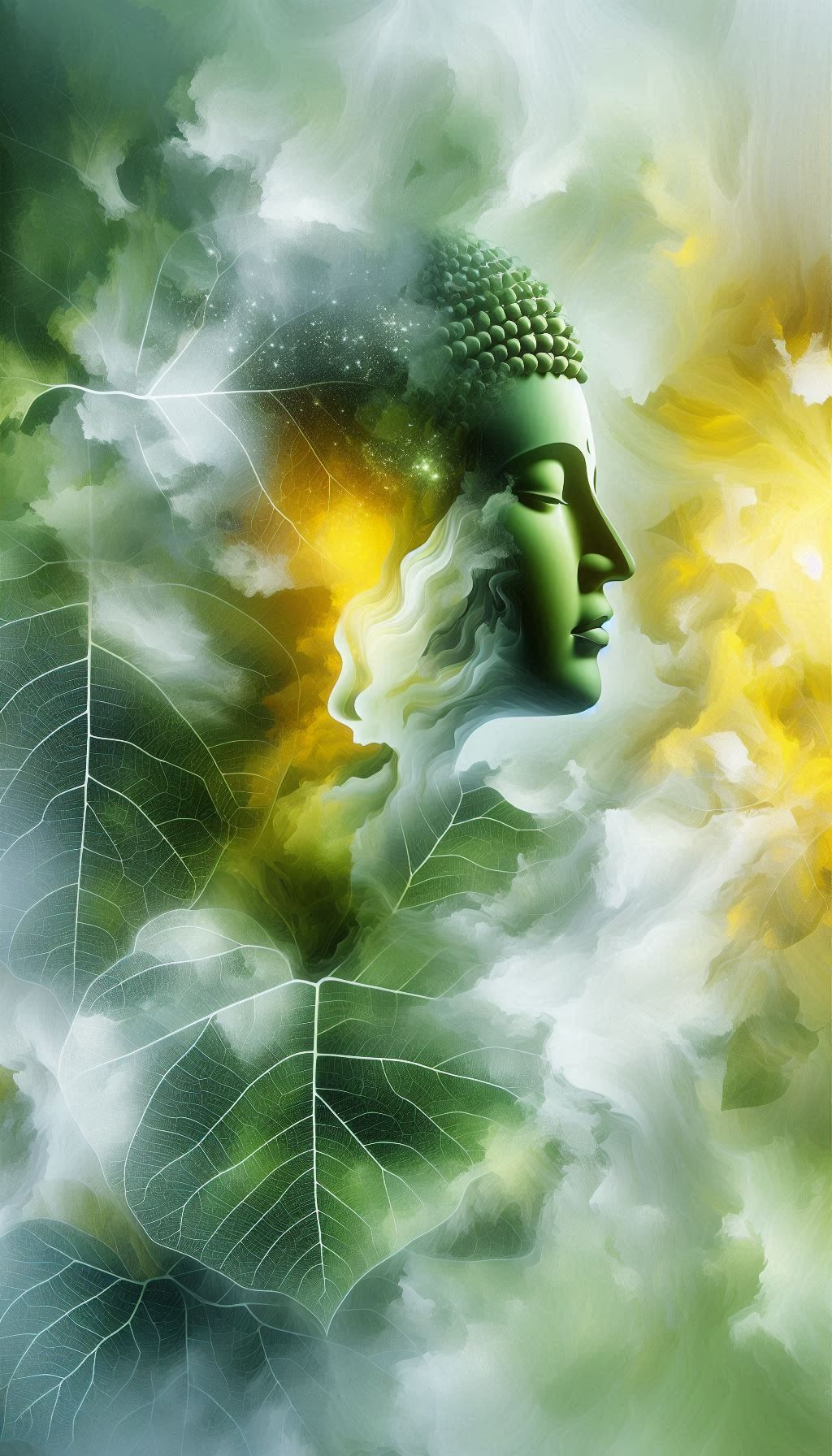 Buddha portrait amidst clouds and leaves