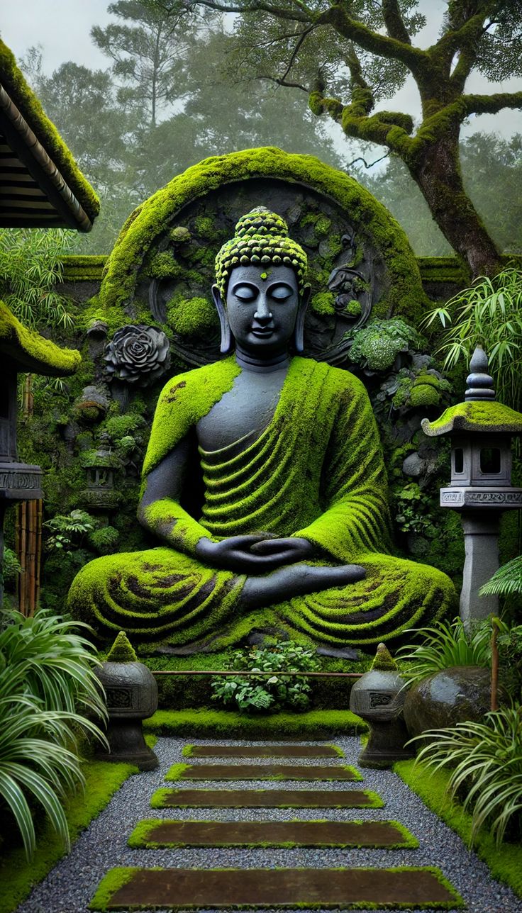 Buddha meditating in peaceful garden setting
