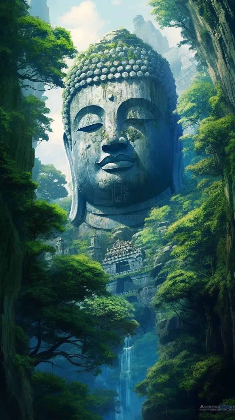 Buddha statue amidst lush green forest