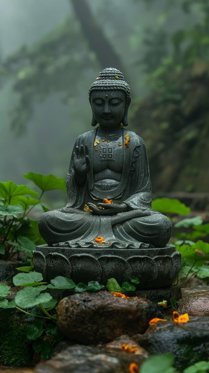 Buddha meditating in a lush garden
