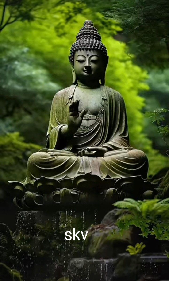 Buddha meditating amidst lush greenery.