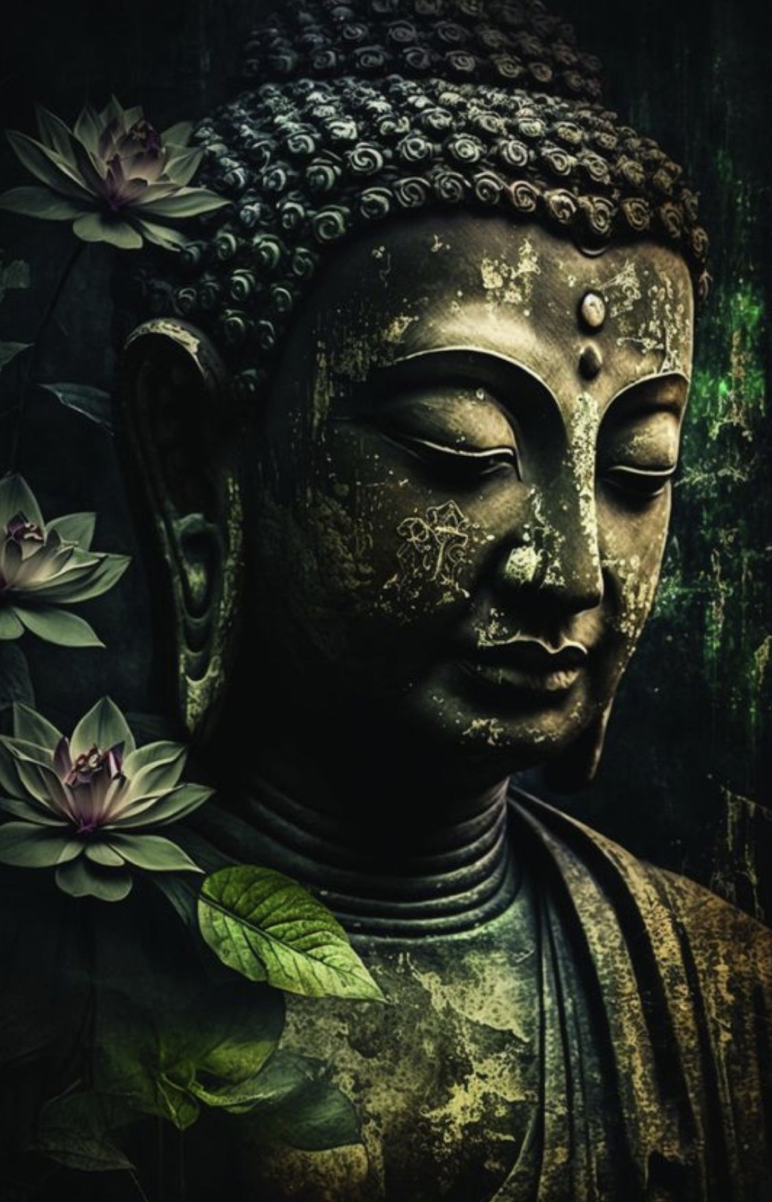 Buddha statue surrounded by lotus flowers