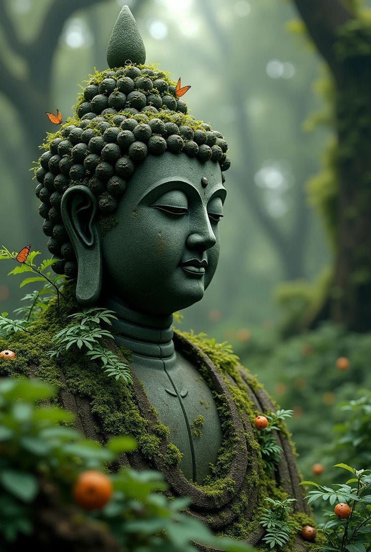 Buddha statue covered in forest moss