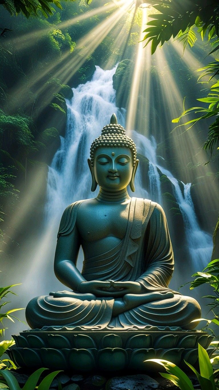 Buddha meditating by a waterfall.