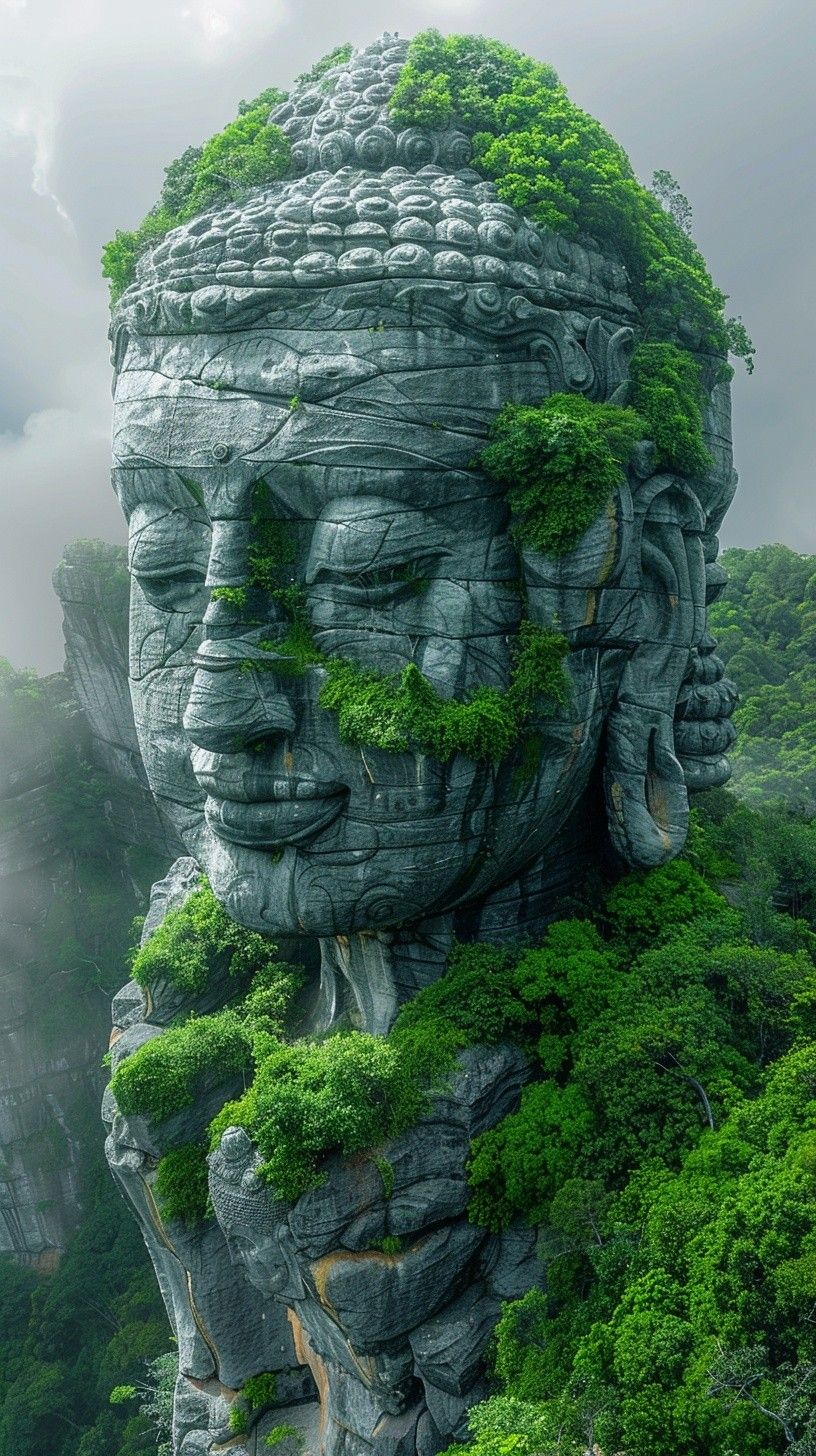 Buddha statue overgrown with lush greenery.