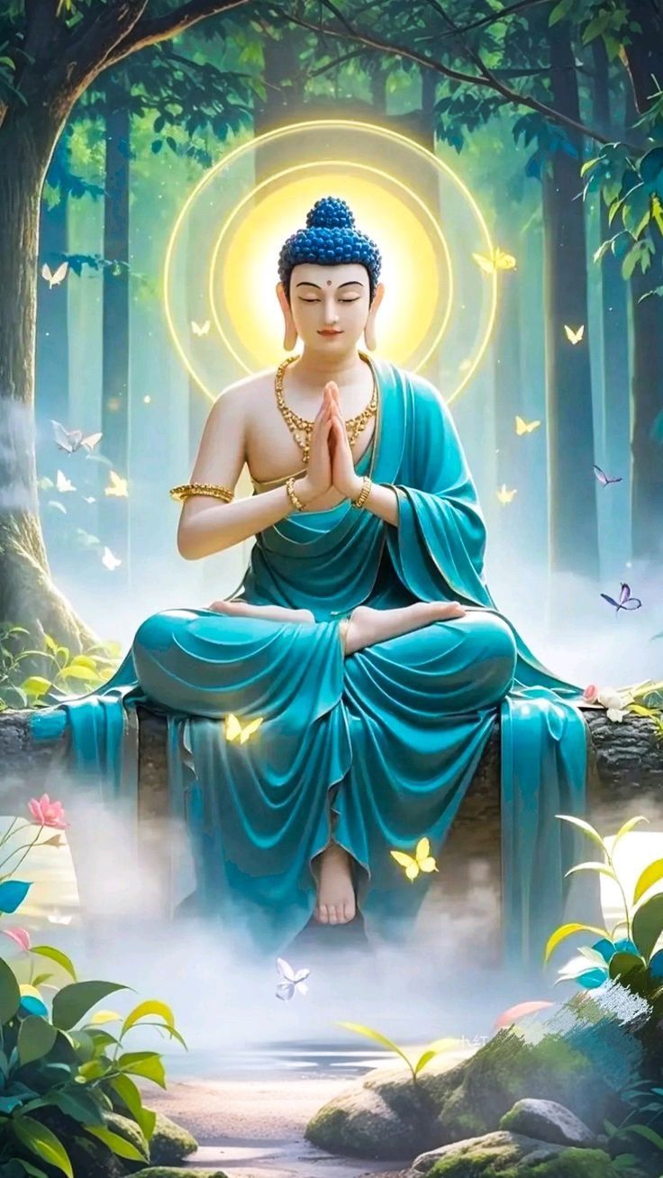 Buddha meditating in peaceful forest setting.