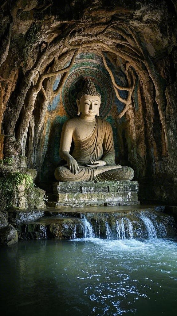 Buddha meditating in a tranquil cave.