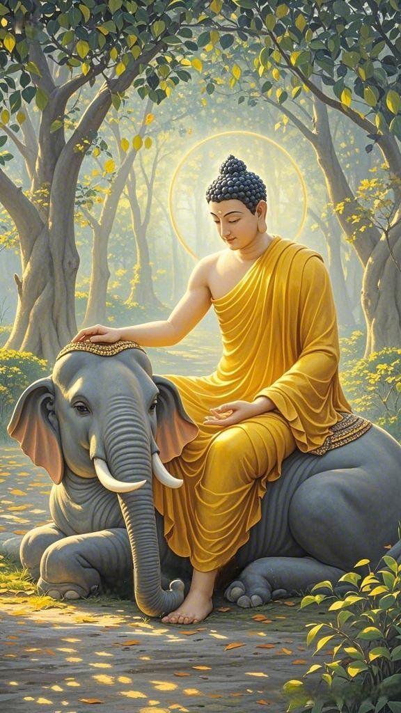 Buddha meditating with an elephant