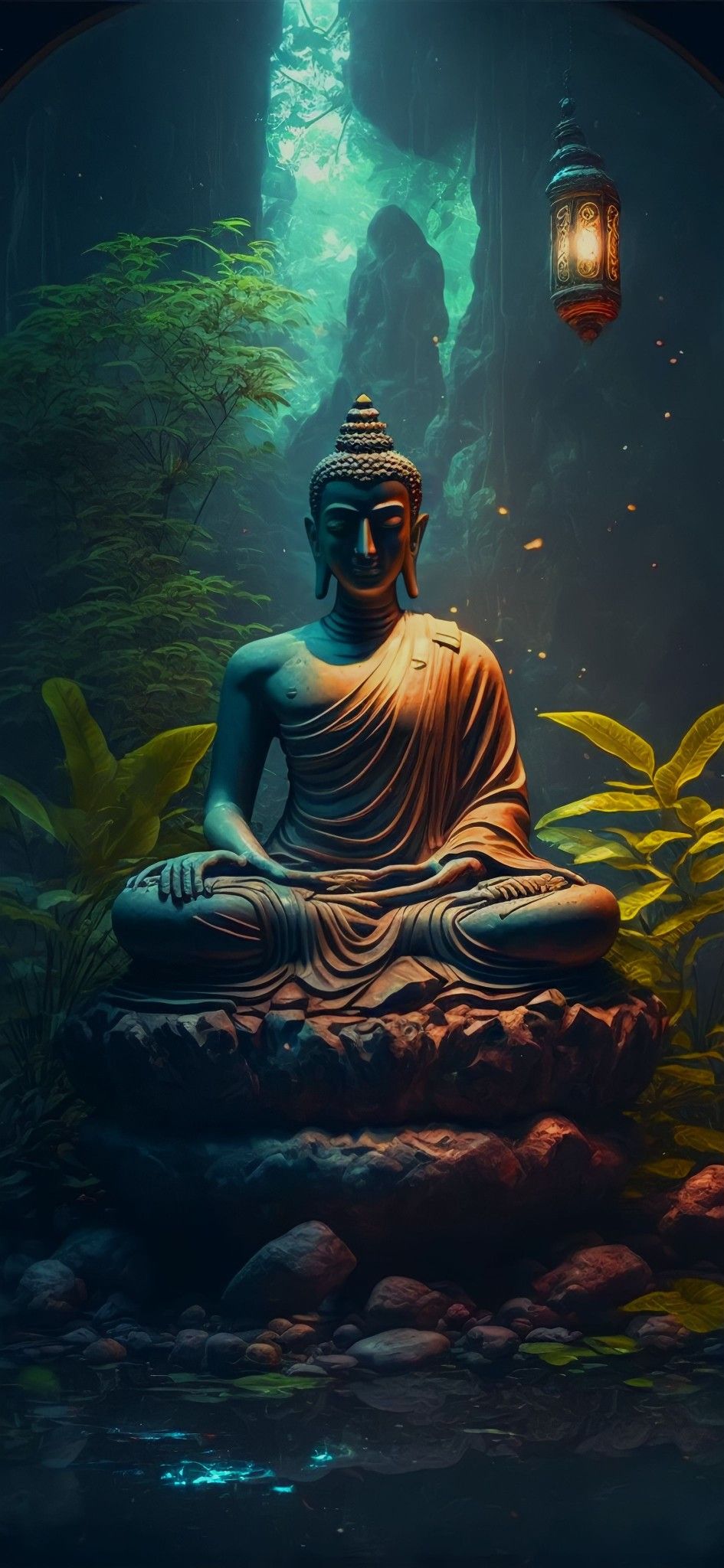 Buddha meditating in a peaceful forest.