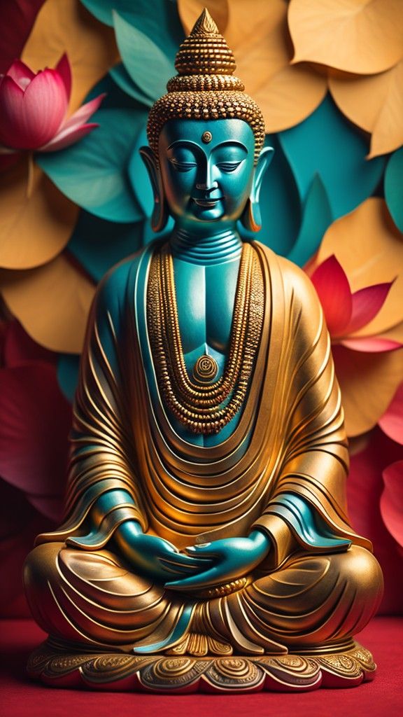 Buddha meditating among lotus flowers.