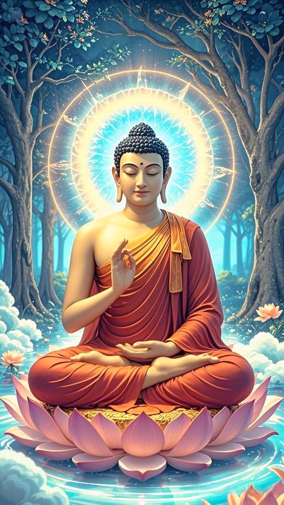 Buddha meditating in a serene forest