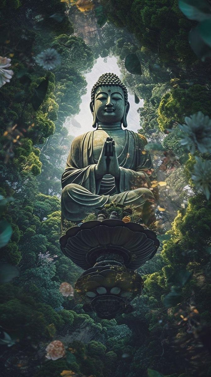 Buddha meditating in a peaceful forest.