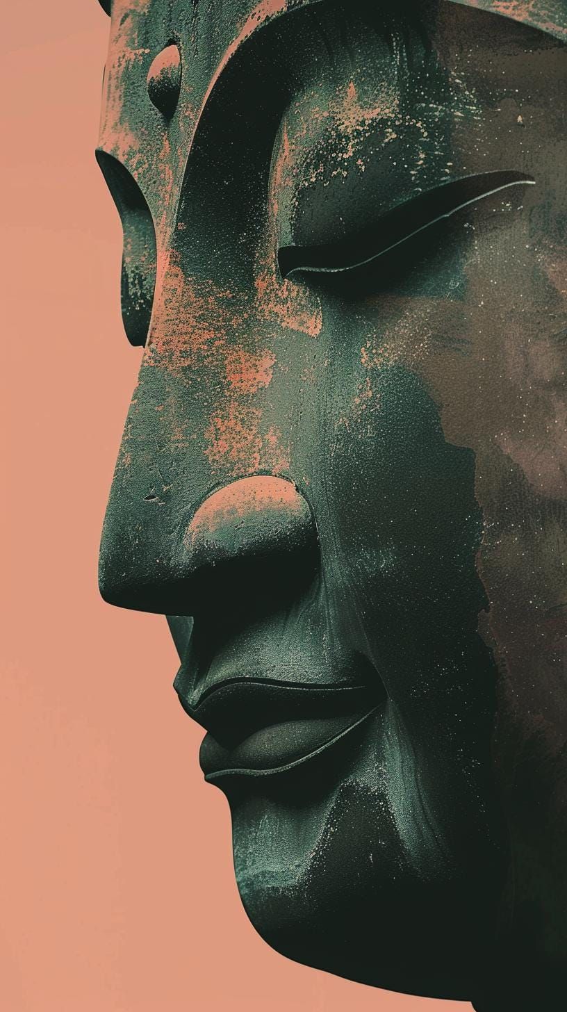 Buddha\'s peaceful face in emerald tones