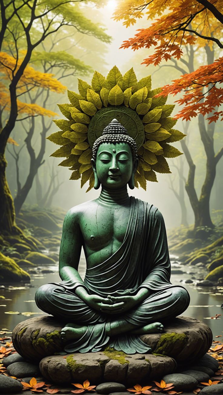 Buddha meditating in a leafy forest.
