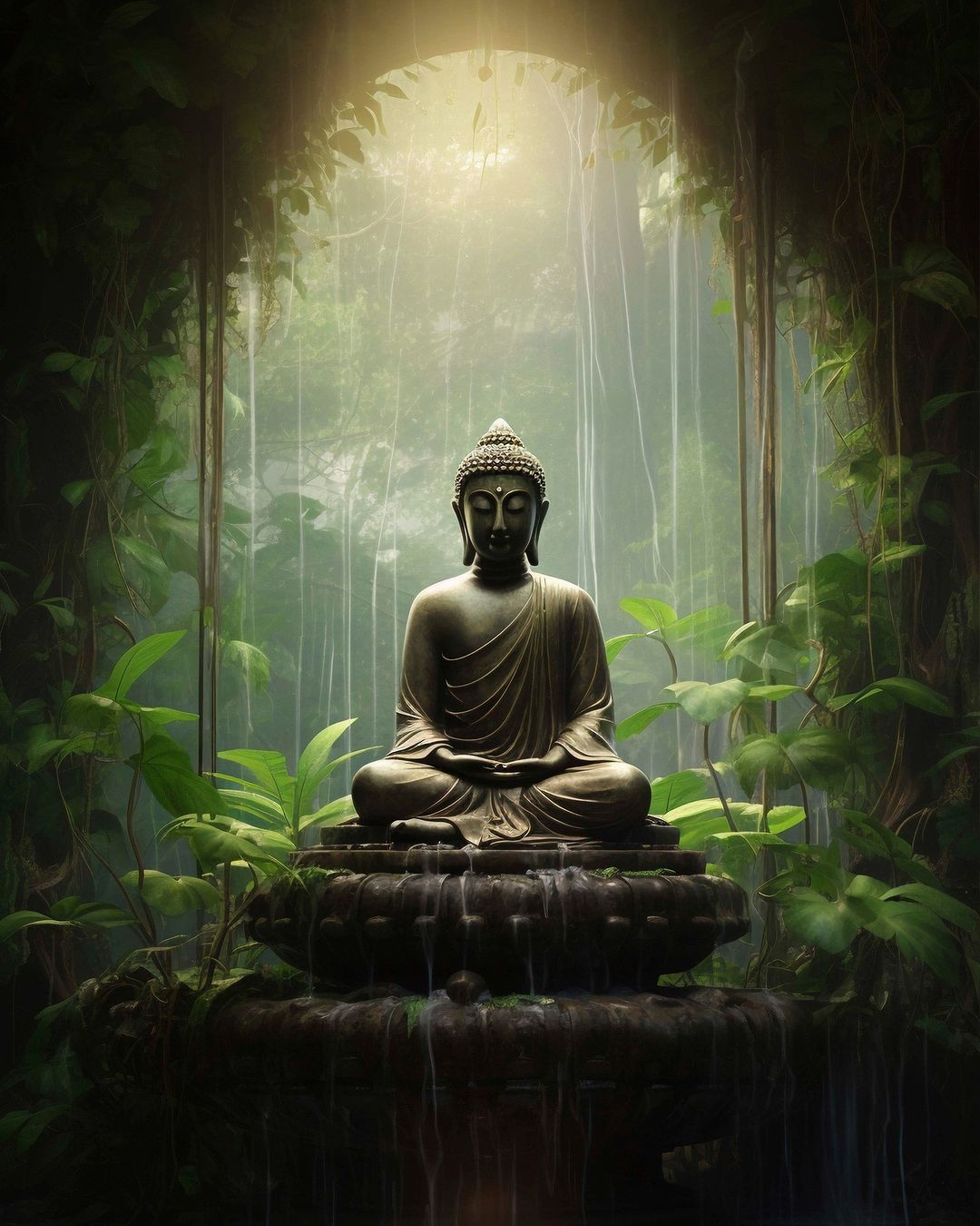 Buddha meditating in a lush forest.