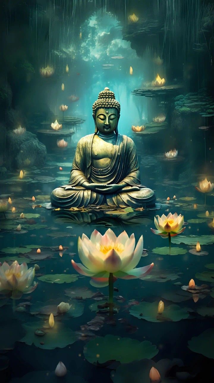 Buddha meditating amidst lotus blossoms.