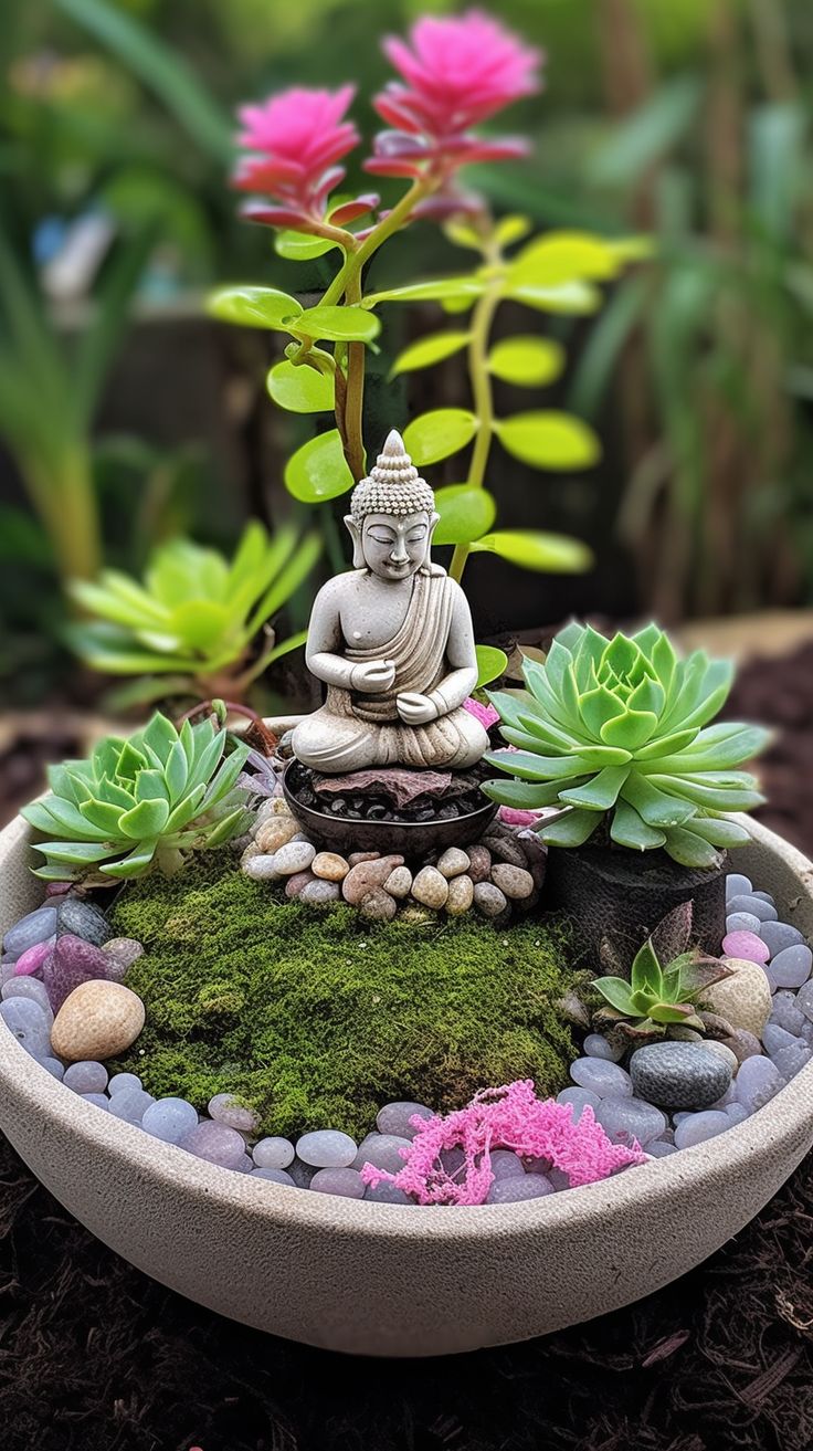 Buddha statue among succulents garden