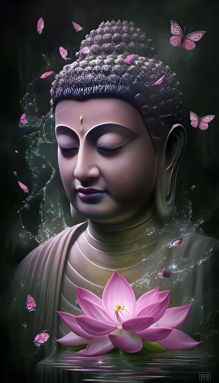 Buddha with pink lotus blossoms.