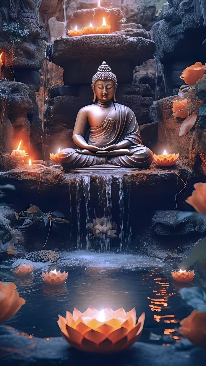 Buddha meditating near a waterfall.