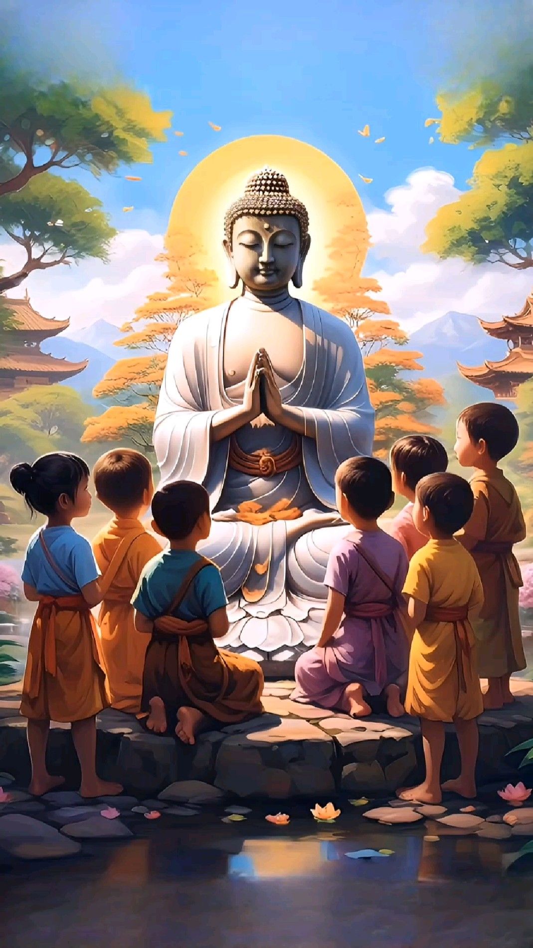 Buddha with children in peaceful setting