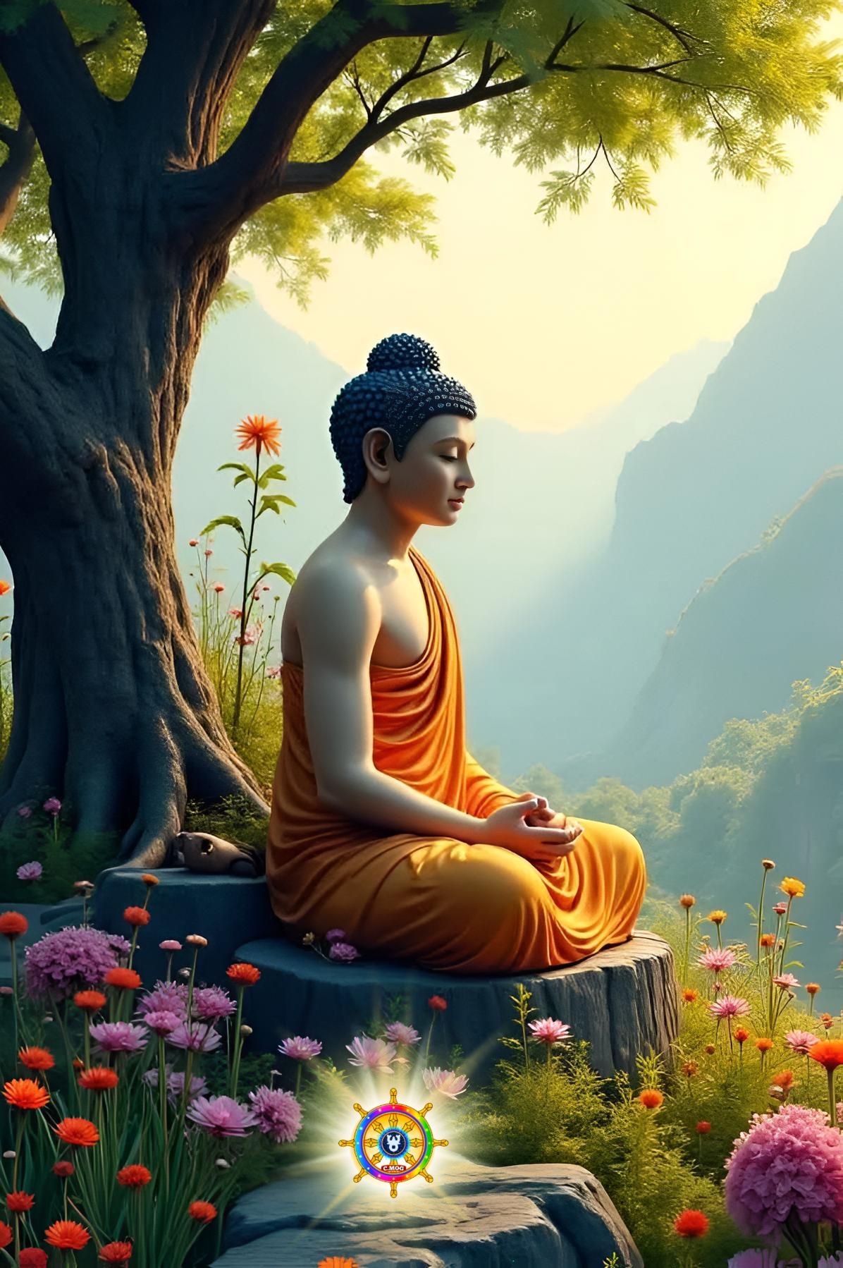 Buddha meditating under Bodhi tree