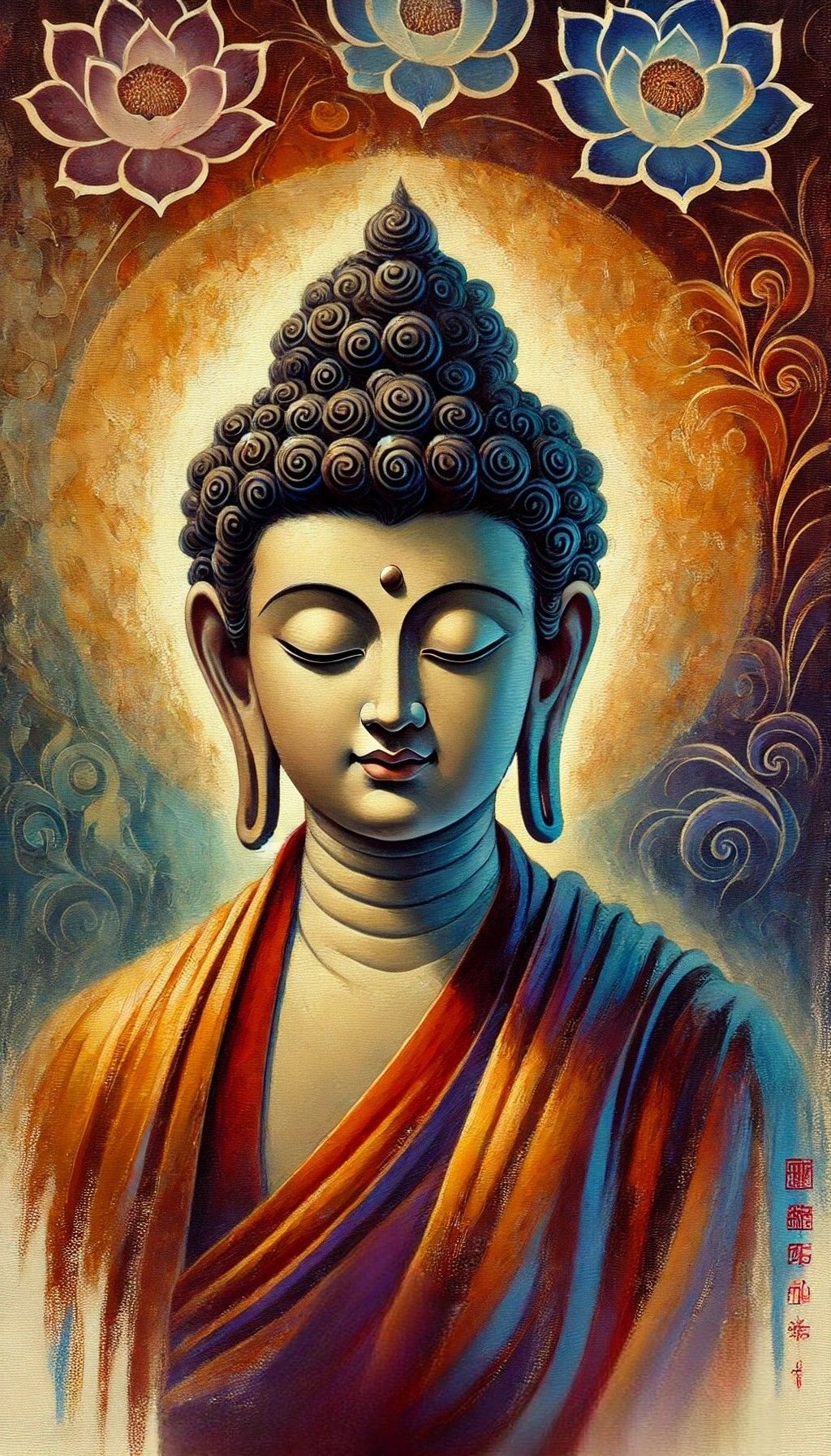 Peaceful Buddha portrait with lotus flowers