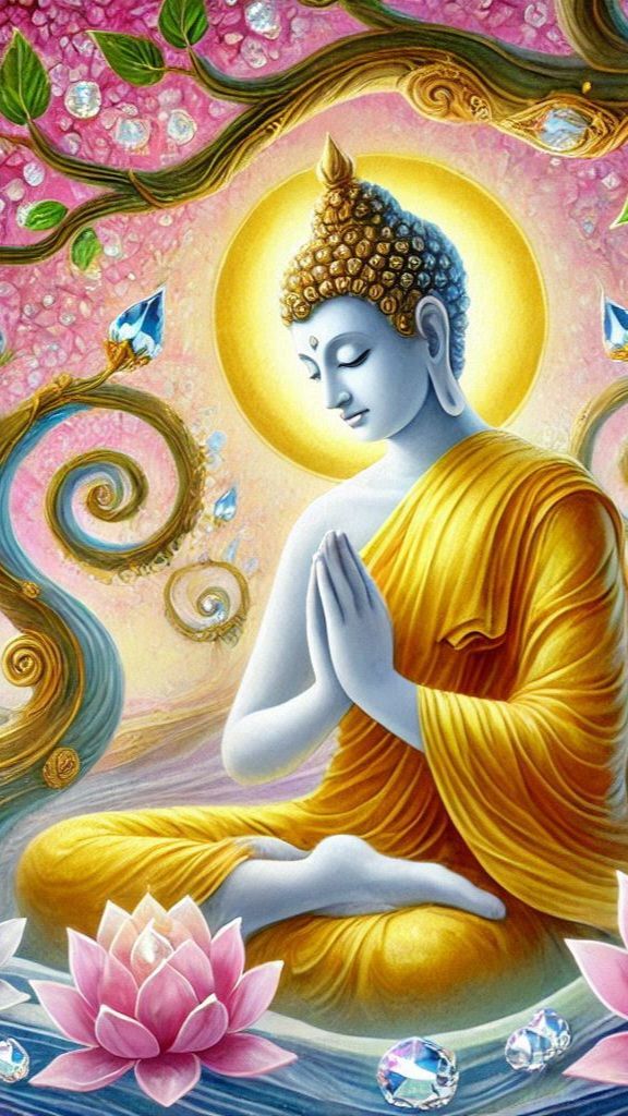 Buddha meditating with lotus flower