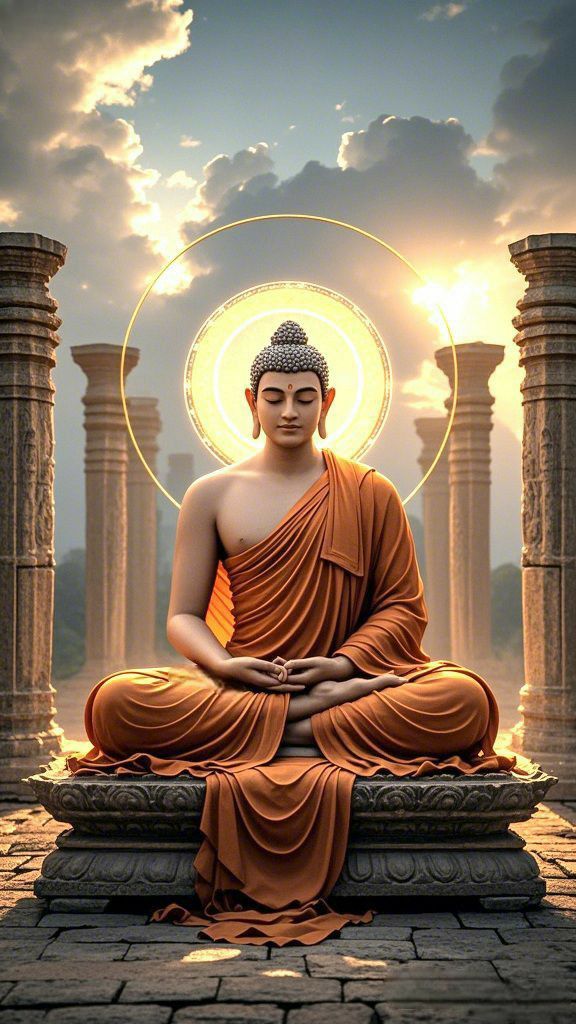 Buddha meditating in golden light