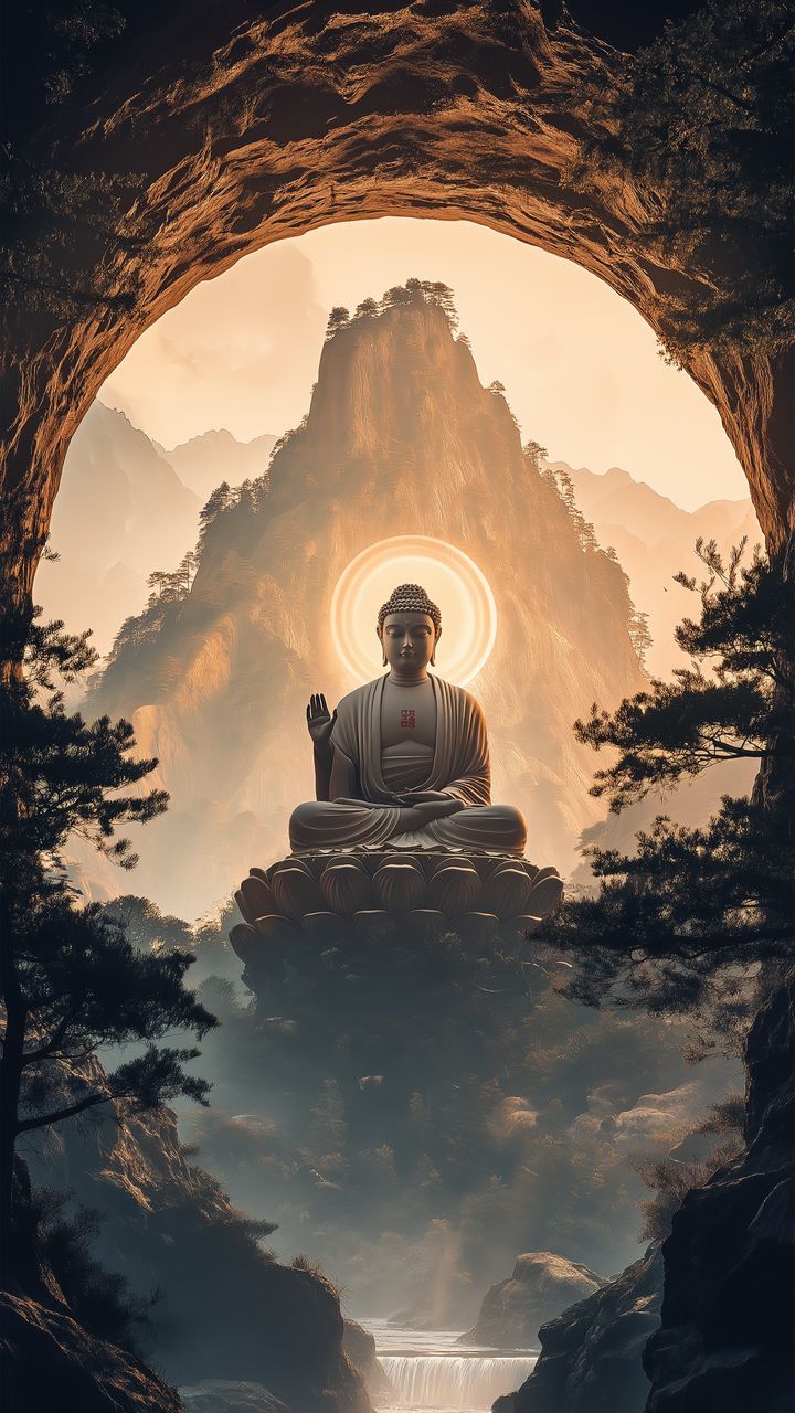 Buddha meditating in mountain landscape