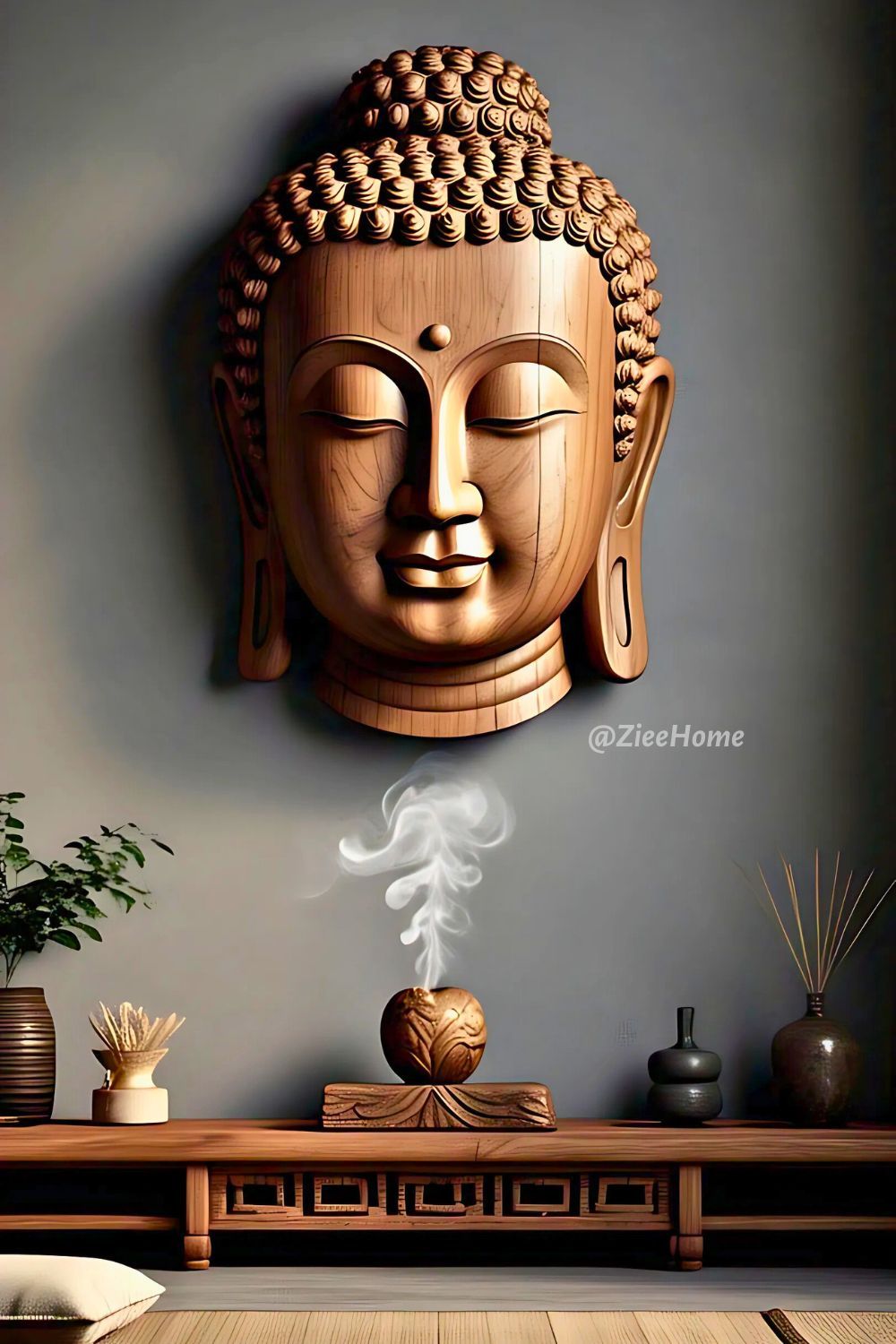 Wooden Buddha head with incense smoke