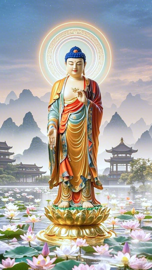 Gautam Buddha amidst lotus and mountains
