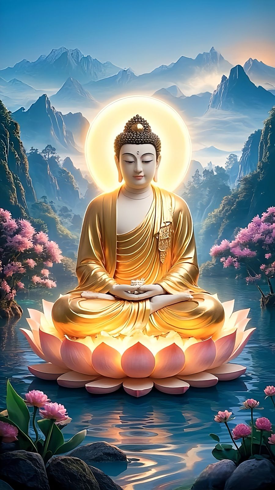 Buddha meditating on lotus flower
