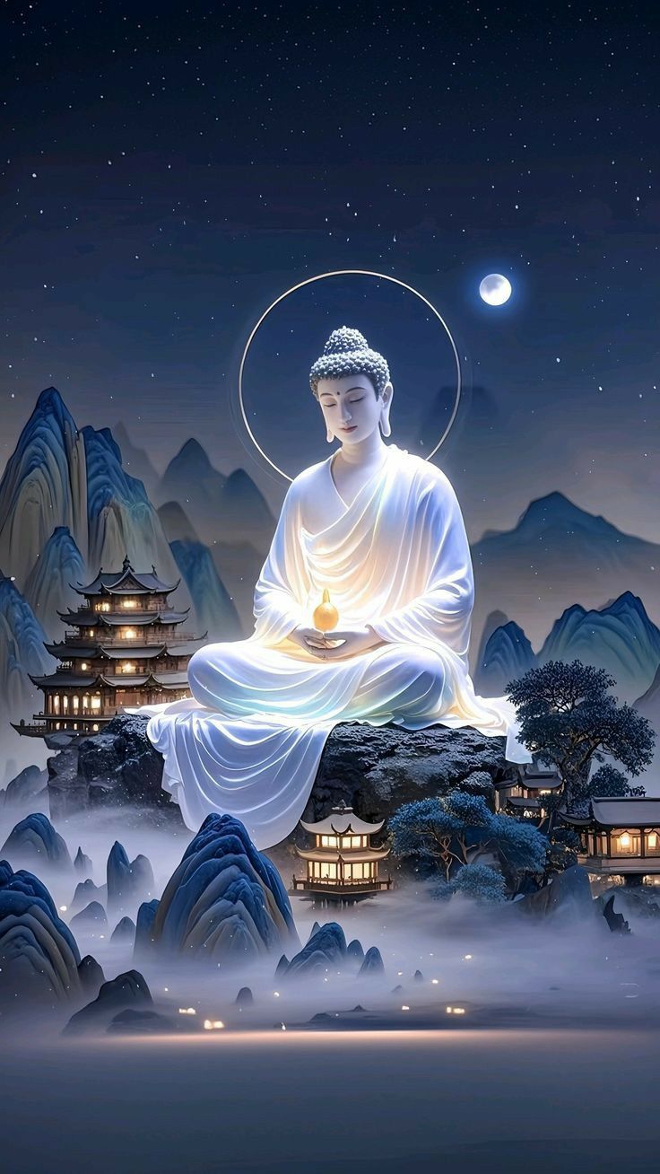 Buddha meditating in a mountain landscape