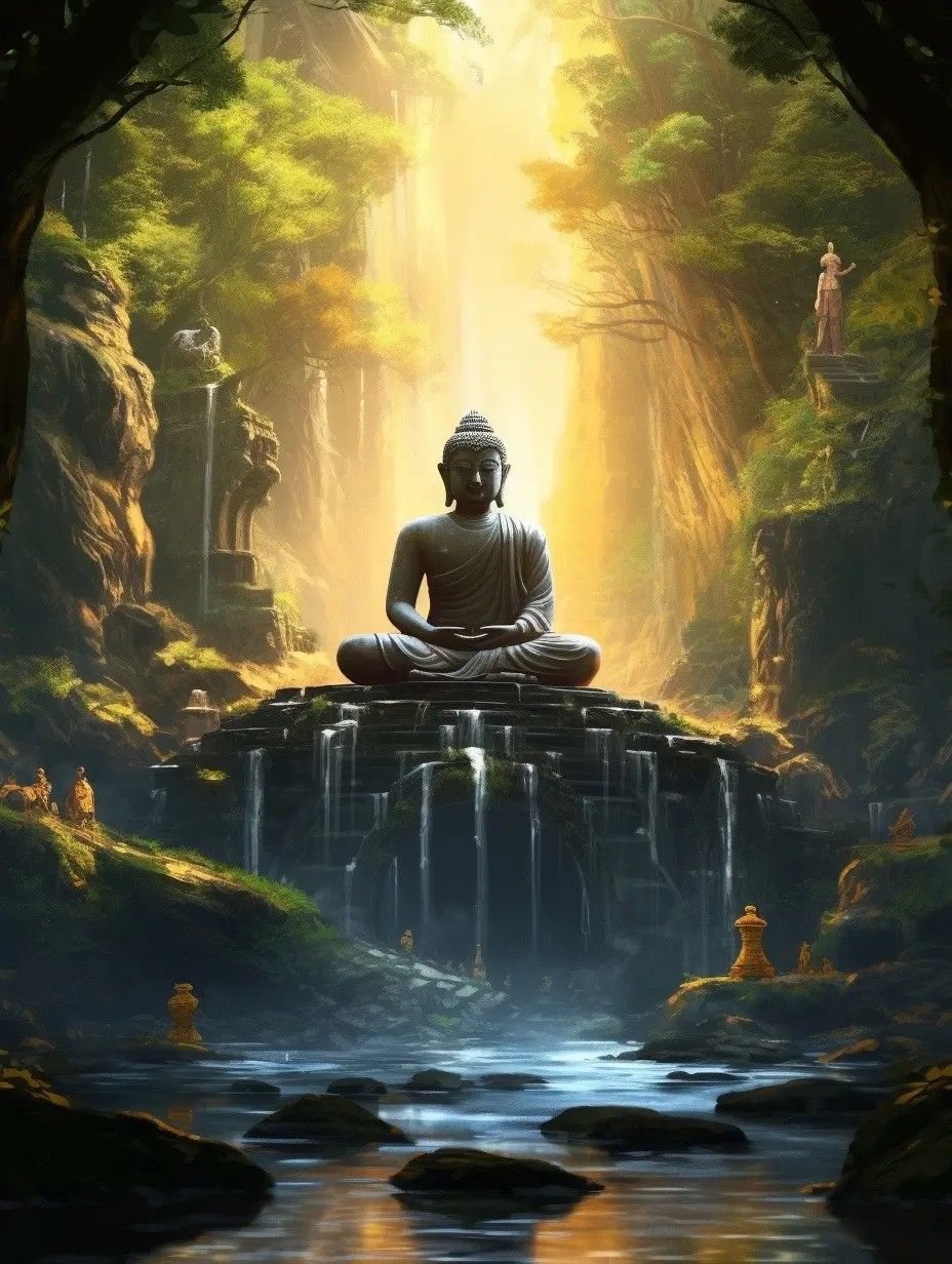 Buddha meditating in lush forest